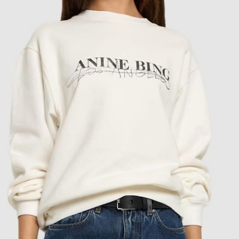 RARE Anine Bing Cream Logo Crew Neck Sweater